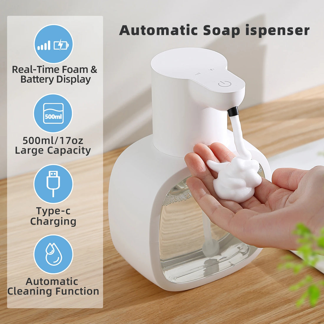 Wall-Mounted Automatic Foam Soap Dispenser – 500ml, Type-C Rechargeable, IPX5 Waterproof Sensor