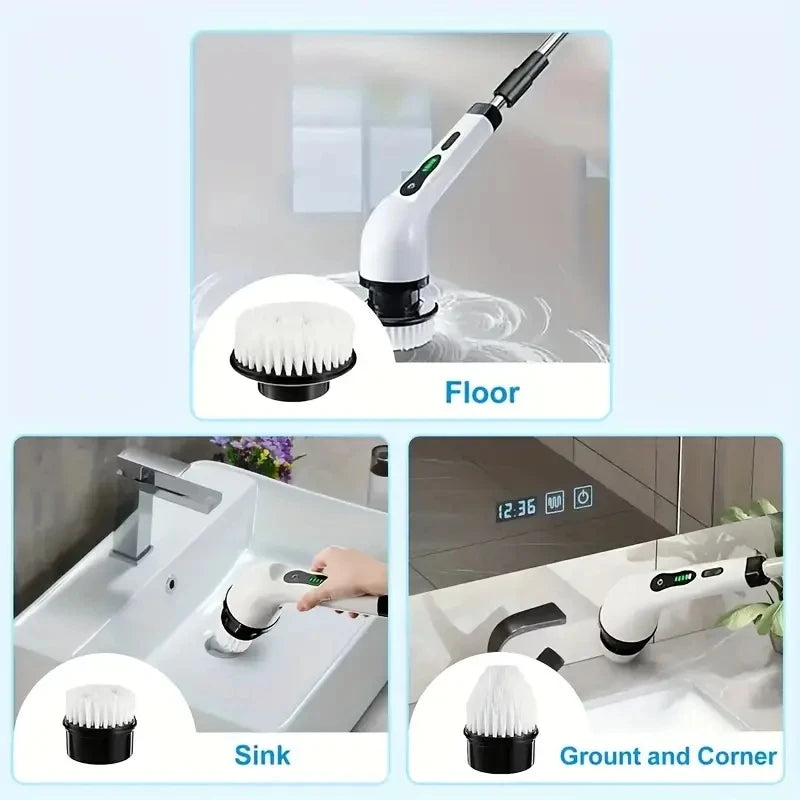 Electric Spin Scrubber with 7 Brush Heads &amp; Adjustable Extension Handle – Cordless Bathroom &amp; Household Cleaning Brush