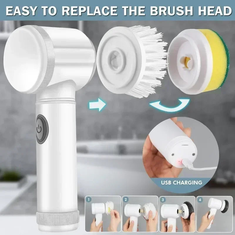 Cordless Electric Spin Scrubber – 5-in-1 Rechargeable Cleaning Brush for Kitchen, Bathroom &amp; More