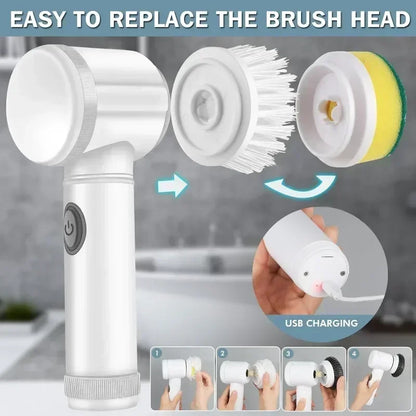 Cordless Electric Spin Scrubber – 5-in-1 Rechargeable Cleaning Brush for Kitchen, Bathroom &amp; More