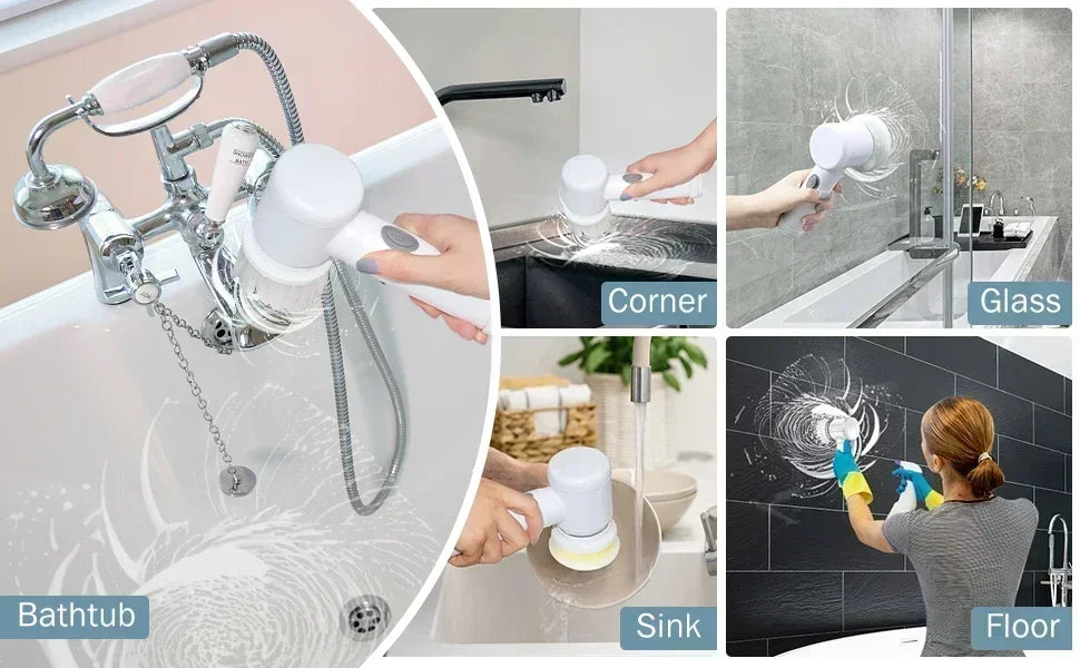 Cordless Electric Spin Scrubber – 5-in-1 Rechargeable Cleaning Brush for Kitchen, Bathroom &amp; More